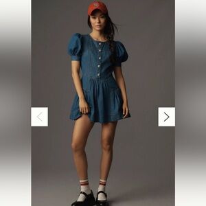 Anthropologie Maeve Puff-Sleeve Tiered Denim Mini Dress – Size 8 – Pearl Buttons